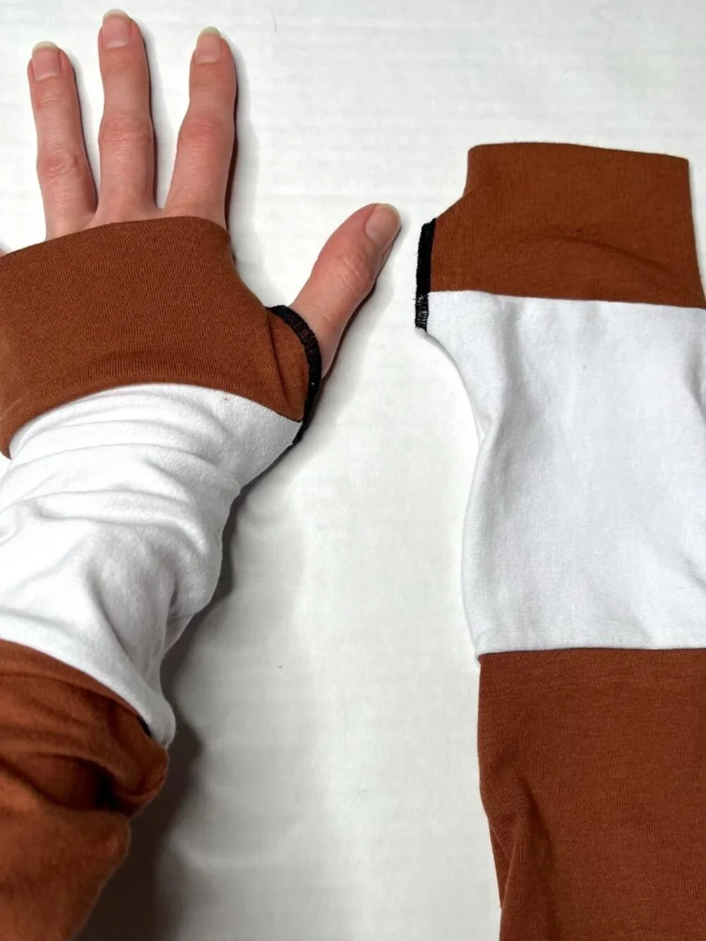 Long Striped Gloves Brown Hand Warmers White Armwarmers Cotton Patchwork Sleeves